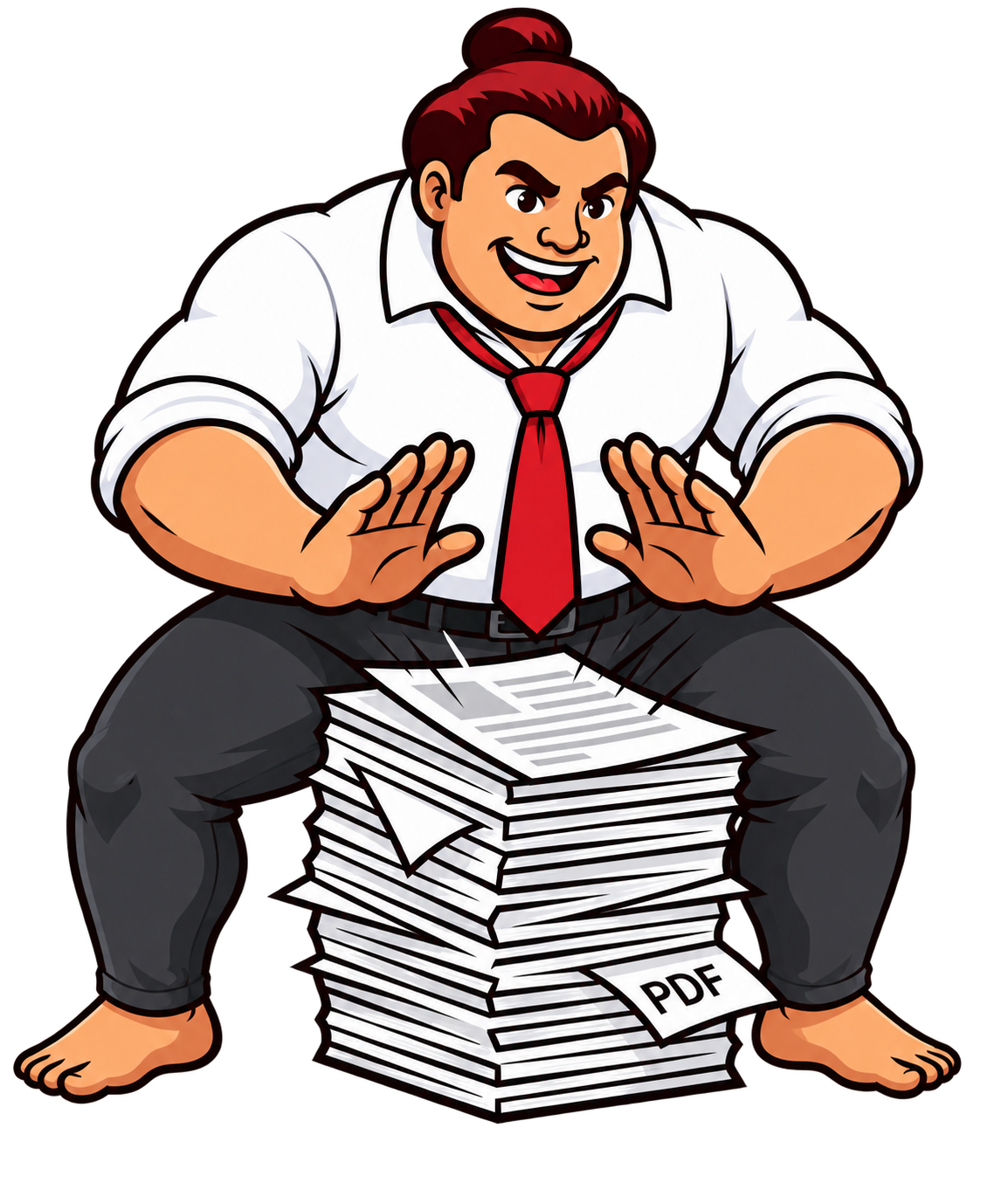 Sumo mascot crushing a stack of PDF pages